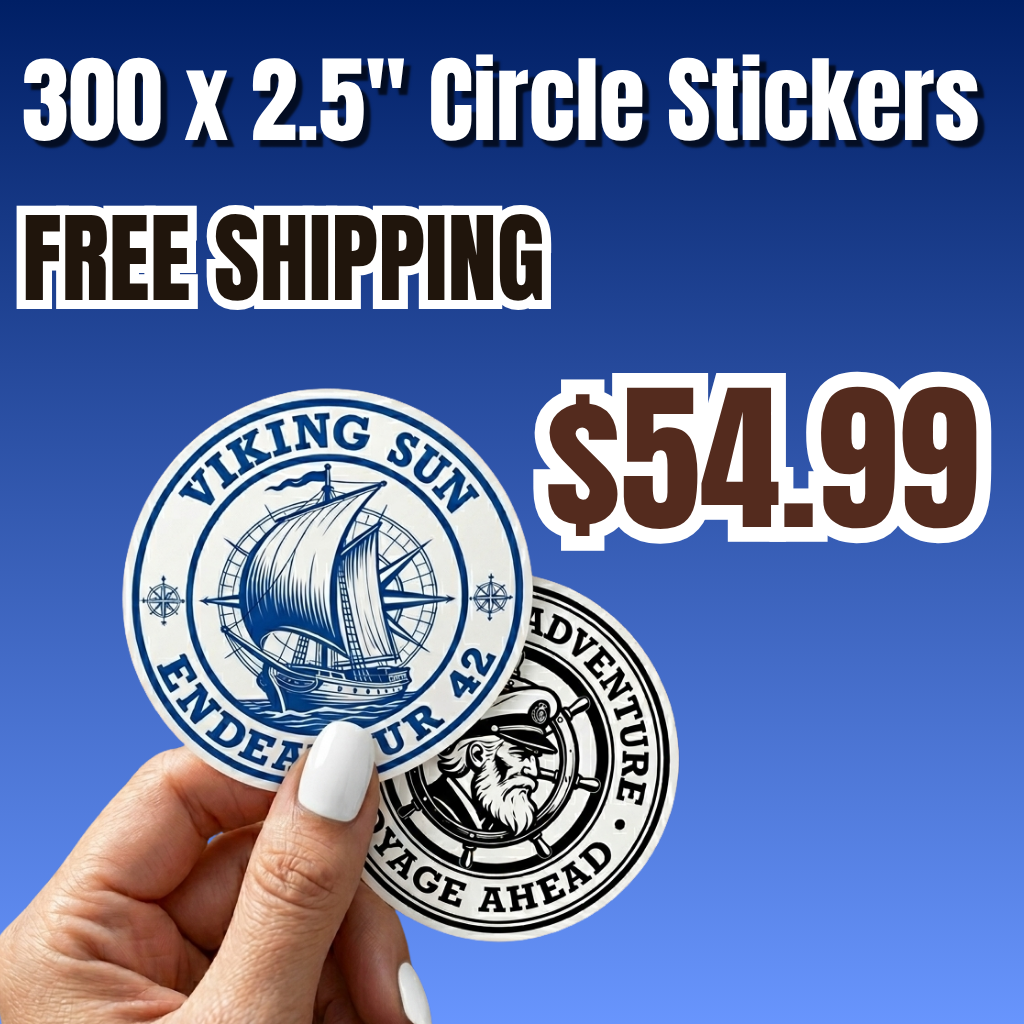 Promotional offer for 300 custom 2.5 inch circle vinyl stickers for $54.99 with free shipping. A hand displays two round die-cut stickers with vintage nautical ship and badge artwork in blue and black under clean studio lighting. Ideal for e-commerce product display and bulk orders.