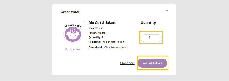 Step 4: Select quantity and add to cart. Screenshot of reorder page with quantity selector and 'Add All to Cart' button highlighted.