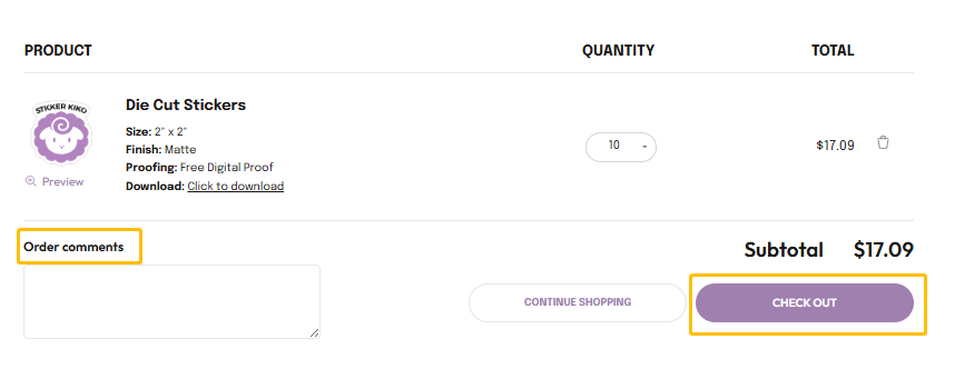 Step 5: Add comments and checkout. Screenshot of the shopping cart page with order comments field and checkout button.