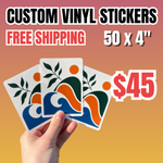 promotional deal for 50 custom 4-inch vinyl stickers for $45 with free shipping, hand holding three custom sticker samples. perfect for small busines small run use and testing sample.