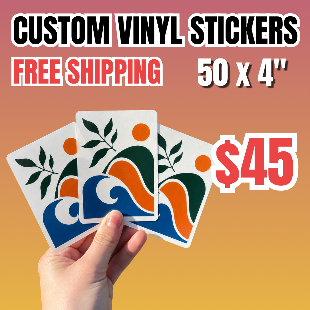 promotional deal for 50 custom 4-inch vinyl stickers for $45 with free shipping, hand holding three custom sticker samples. perfect for small busines small run use and testing sample.