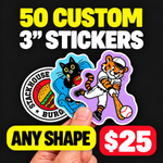 Promotional deal for 50 custom 3-inch vinyl stickers for $25, featuring three full-color die-cut stickers