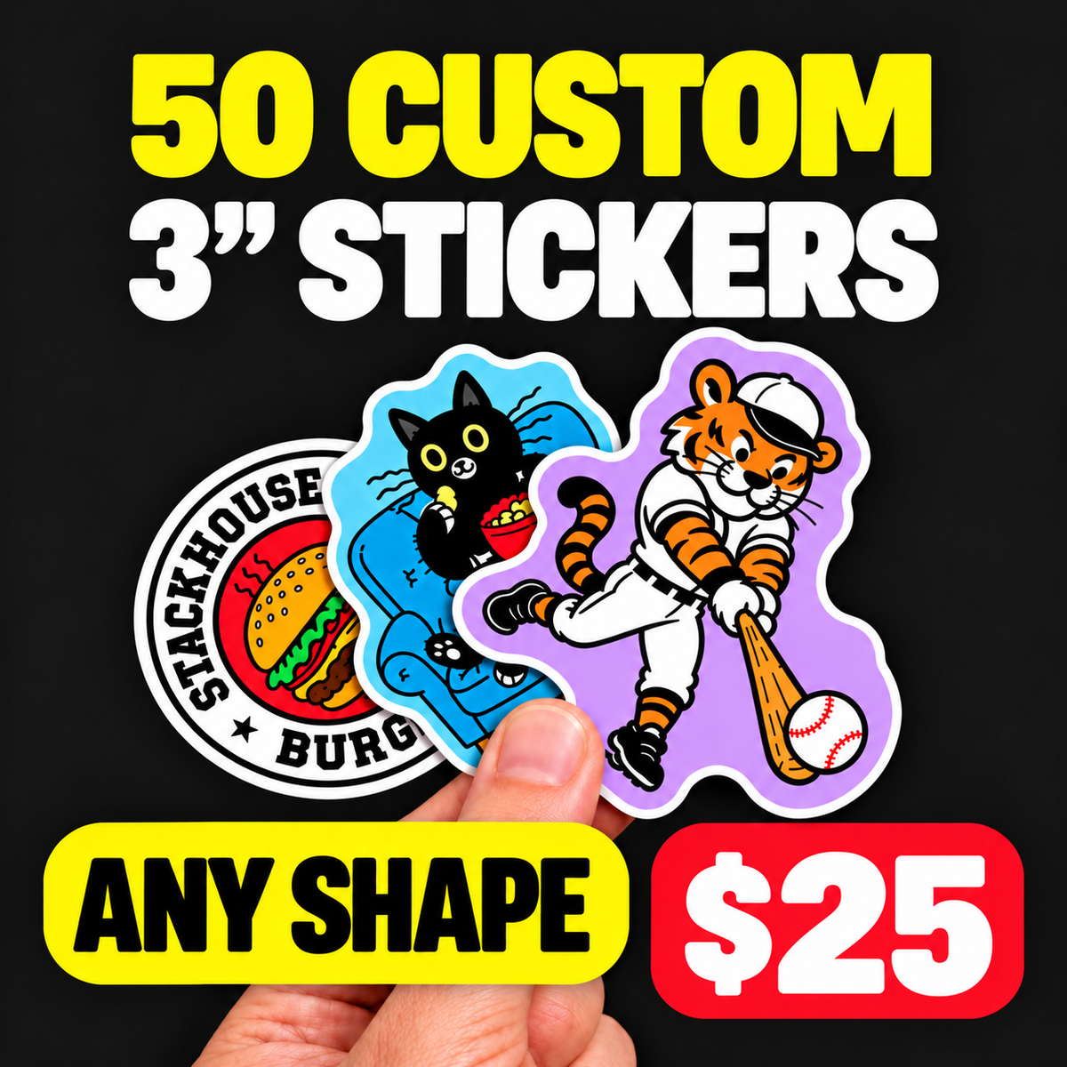 Promotional deal for 50 custom 3-inch vinyl stickers for $25, featuring three full-color die-cut stickers