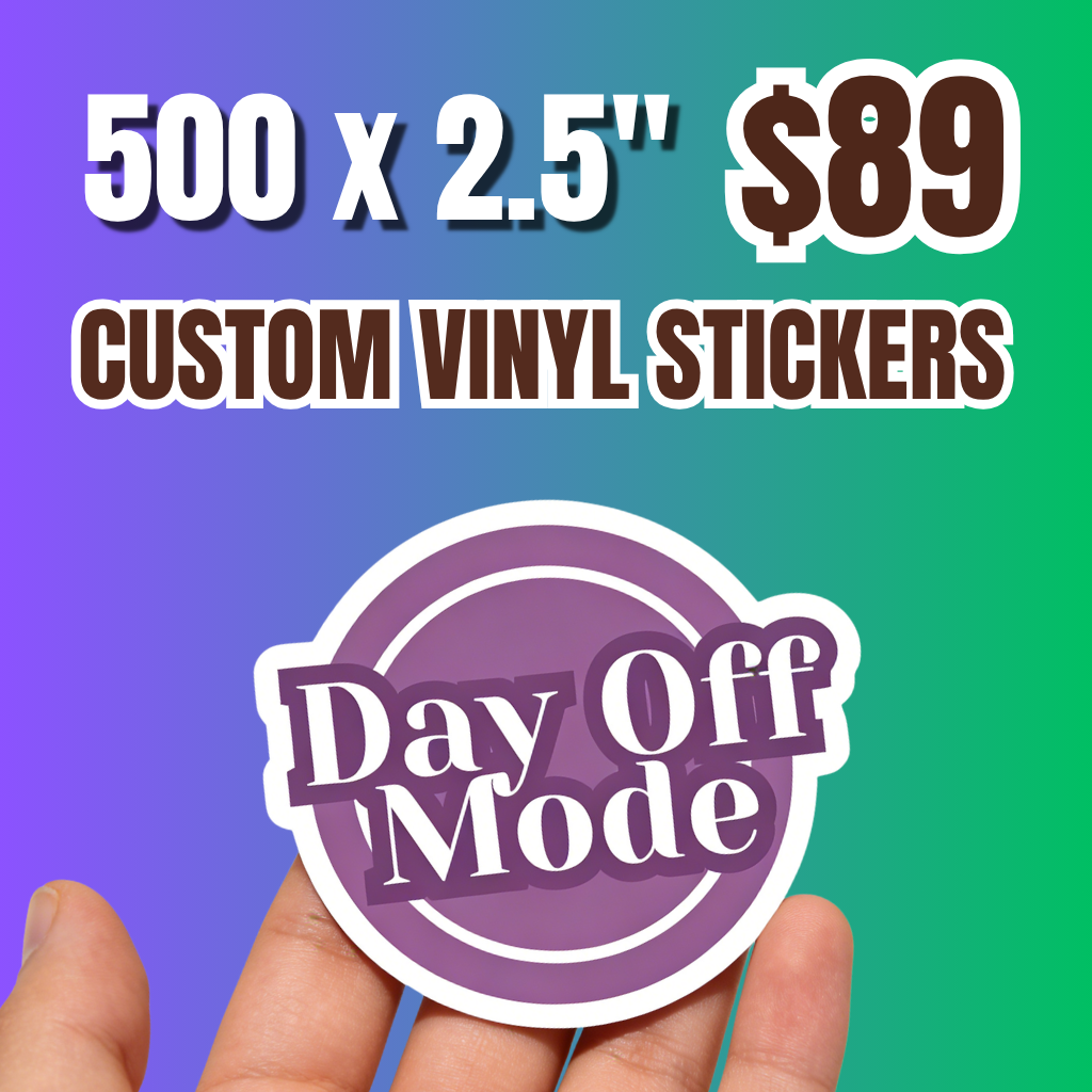 Promotional offer of 500 custom vinyl stickers (2.5") for $89. A hand holds a high-quality, die-cut purple sticker featuring "Day Off Mode" typography, showcasing Sticker Kiko's premium bulk printing service. These waterproof and durable decals are ideal for personalized branding, laptop stickers, and product packaging.