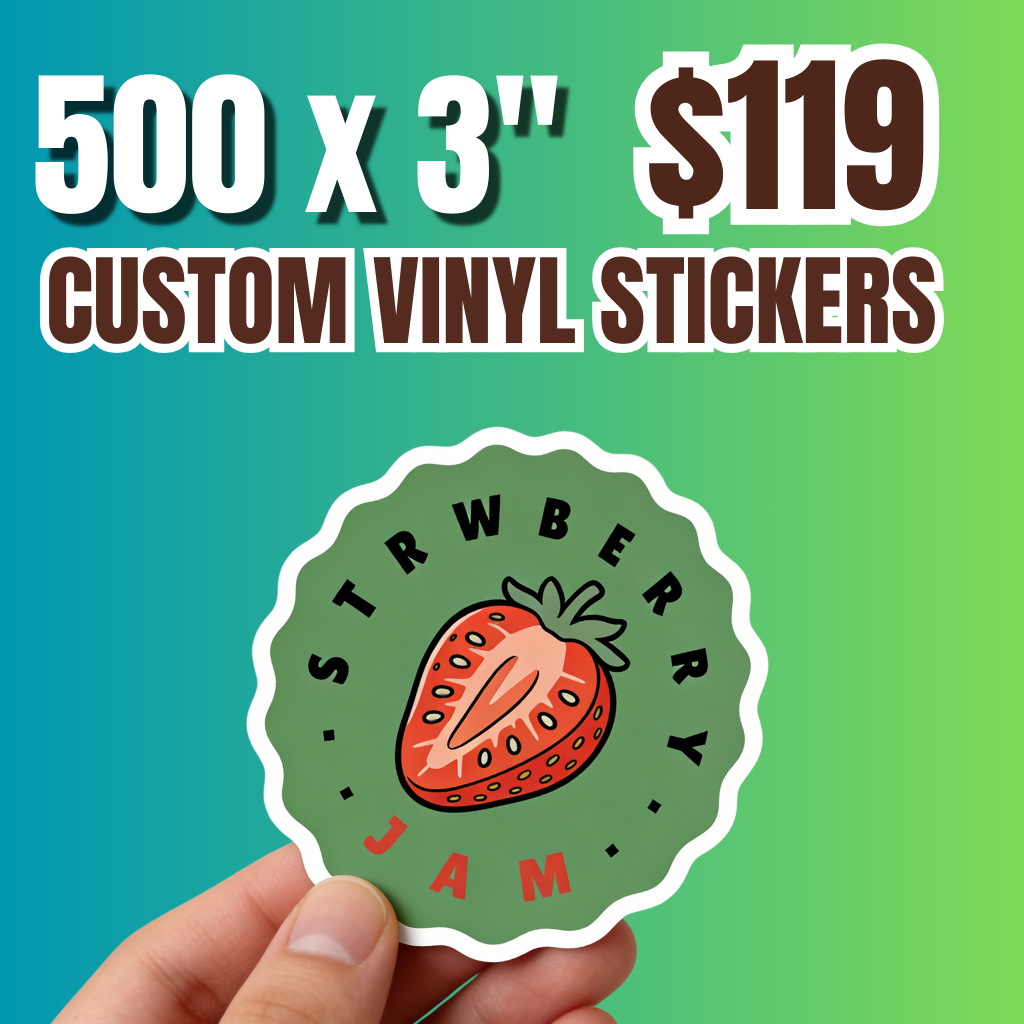 limited time big deal for small business: 500 custom vinyl stickers 3 inch bulk pack for $119 strawberry logo sample sticker shown in hand