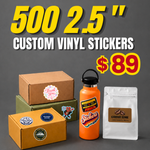 Custom vinyl stickers applied to packaging boxes, water bottle, and coffee pouch showing branded product applications