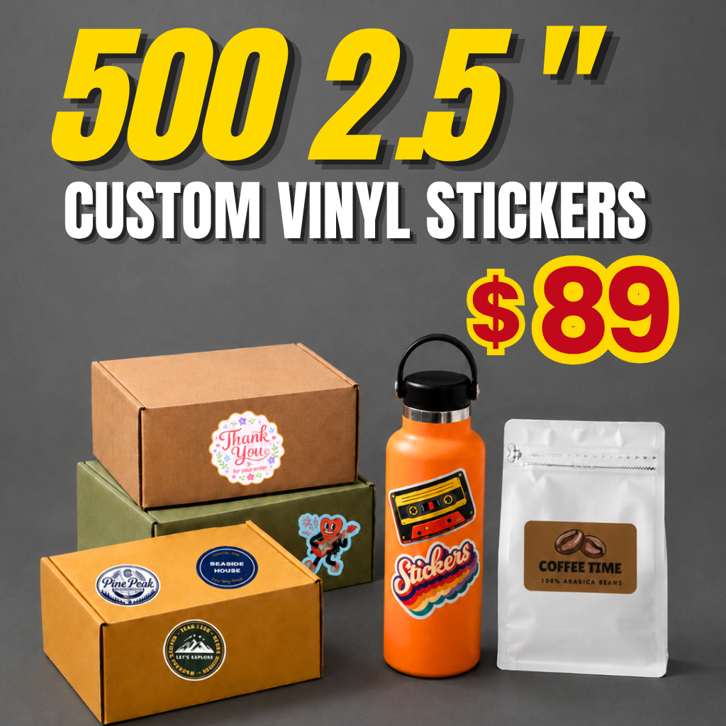 Custom vinyl stickers applied to packaging boxes, water bottle, and coffee pouch showing branded product applications
