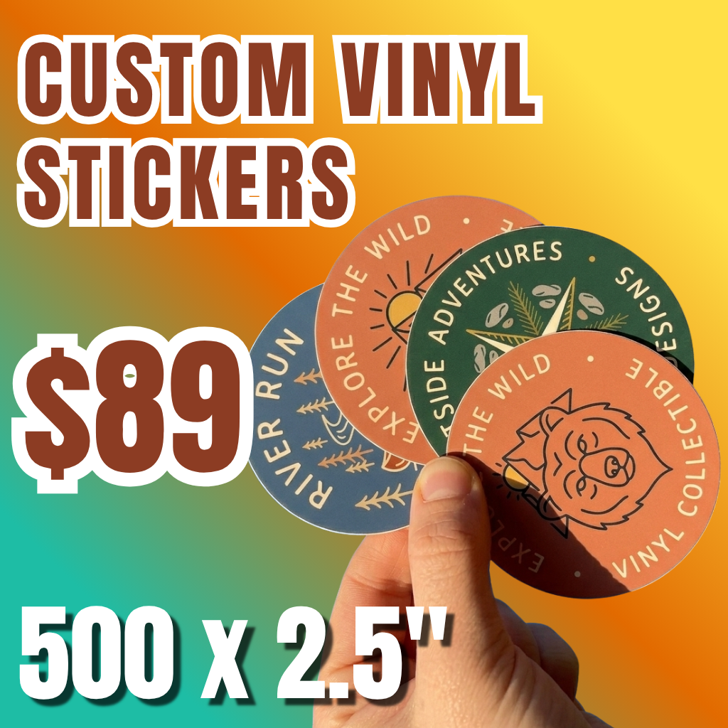 Custom vinyl stickers 500 x 2.5 inch round outdoor adventure designs waterproof durable branding sticker pack price 89 dollars