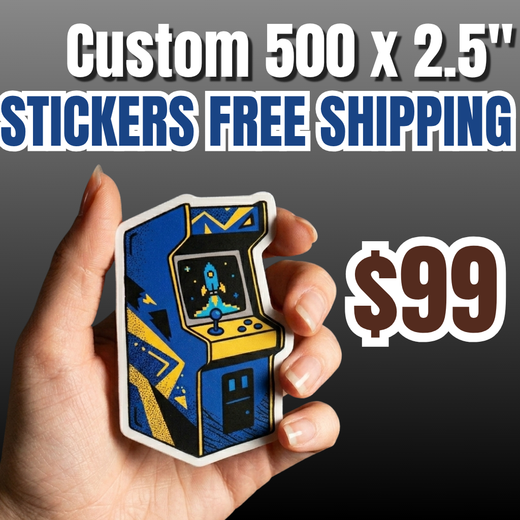 Promotional offer for 500 custom 2.5 inch vinyl stickers for $99 with free shipping. A hand displays a die-cut arcade machine vinyl sticker with bold blue and yellow graphics under studio lighting. Perfect for product showcase and bulk sticker promotion.