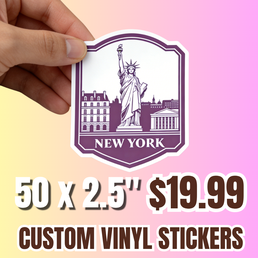 Free shipping limited time deals:  50 x 2.5 inch custom vinyl stickers for 19.99, free shipping. Hand holding a custom vinyl sticker of the Statue of Liberty with text about quantity and price. Waterproof and UvV-resistant for durability.