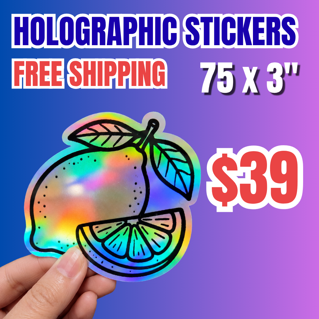 Promotional deals for 75 custom holographic stickers (3") for $39 with free shipping. A hand holds a die cut laser sticker featuring a vibrant lemon and slice design that showcases a colorful rainbow shimmer. This waterproof holographic decal is in premium shiny sticker printing quality. Ideal for personalized laptop decals, aesthetic fruit stickers, and high-end brand packaging labels.