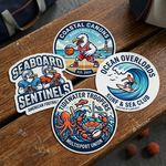A collection of circular sports team decals and club stickers with surfing and ocean themes on a dark wooden background.