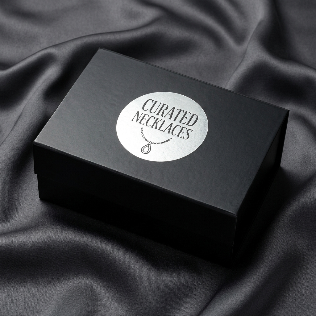 A round silver foil brand label with "Curated Necklaces" text and jewelry icon, applied to a luxury black gift box against a dark silk fabric background.