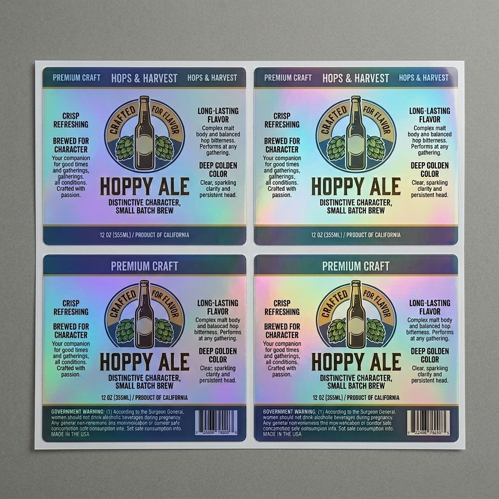 A sheet of custom holographic labels with a vibrant rainbow gradient effect, displaying high-quality security holographic labels for product packaging.A sheet of custom holographic foil labels with a vibrant rainbow gradient effect, displaying high-quality security holographic labels for product packaging.