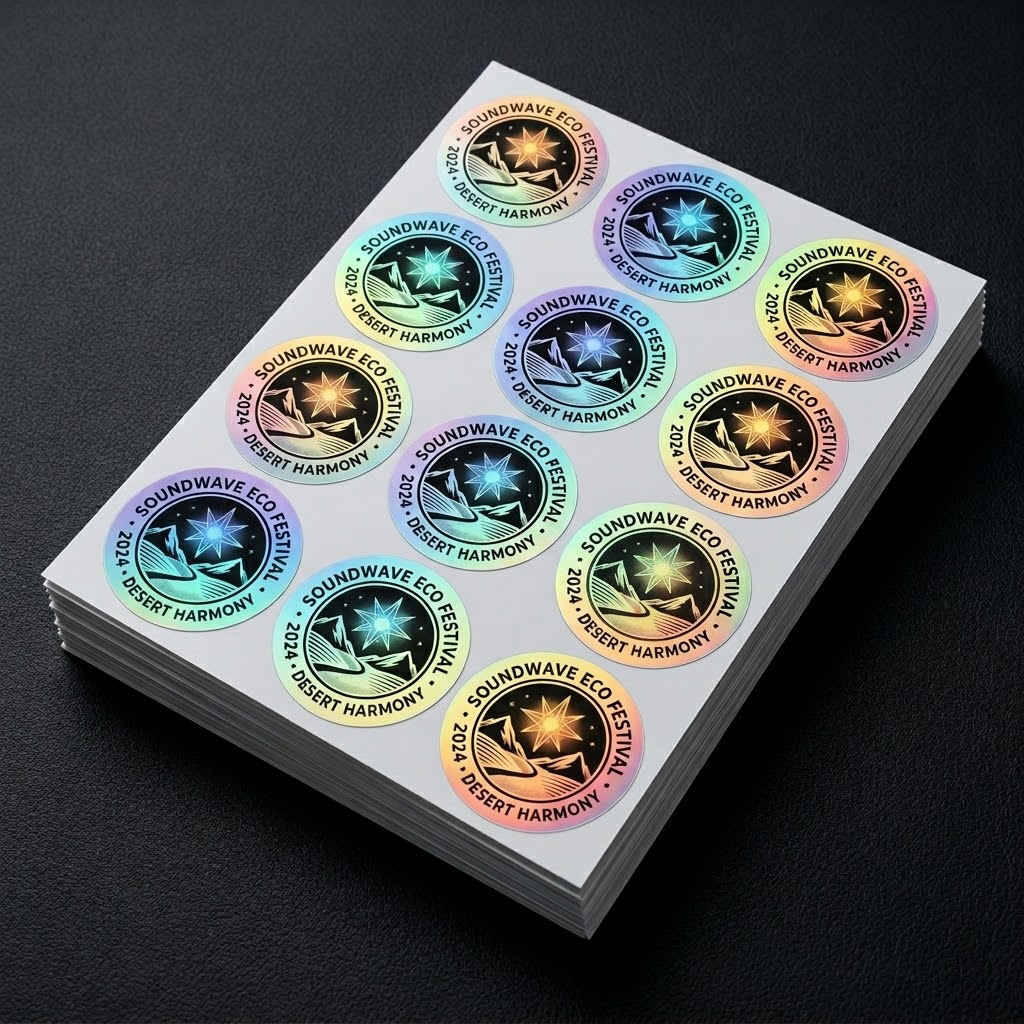 A stack of custom sheet formats featuring round holographic vinyl labels for eco-festival branding, showcasing eye-catching rainbow metallic effects.