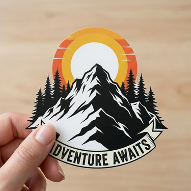 Hand holding custom sticker with mountain and 'Adventure Awaits' text held by a hand on a wooden surface