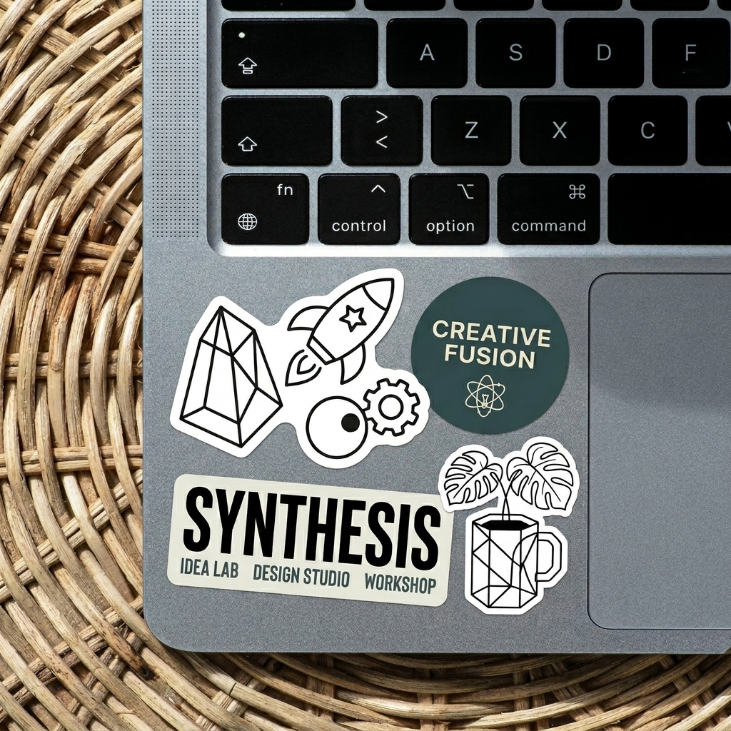 Laptop with custom stickers featuring geometric shapes, rocket illustration, “Creative Fusion” circle, plant and mug icons, and “SYNTHESIS Idea Lab Design Studio Workshop” text