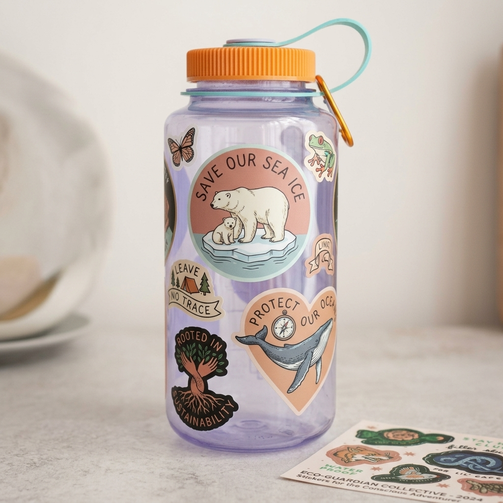 Purple water bottle with environmental stickers on a light surface