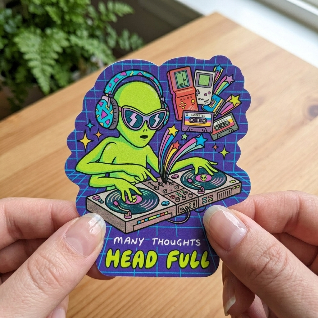 Sticker of an alien DJ with text 'Many Thoughts Head Full' held by a person on a wooden surface.