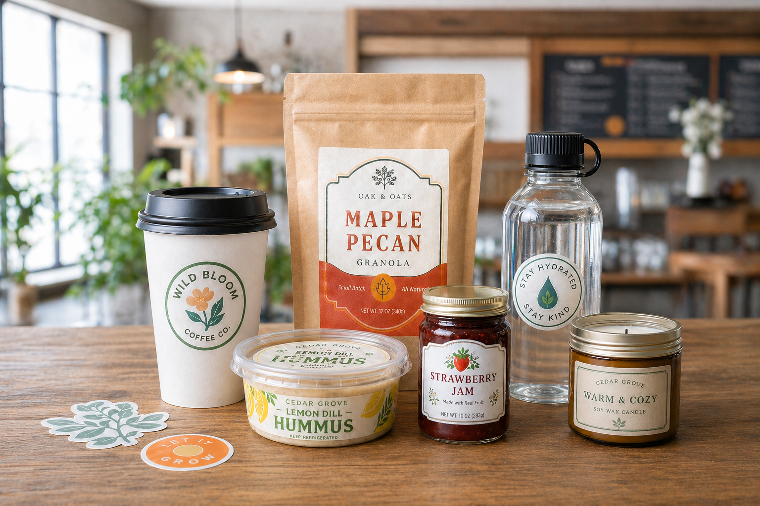 Assorted products packaging and branding with custom stickers & labels including a coffee cup, granola bag, hummus container, jam jar, and candle on a wooden table.