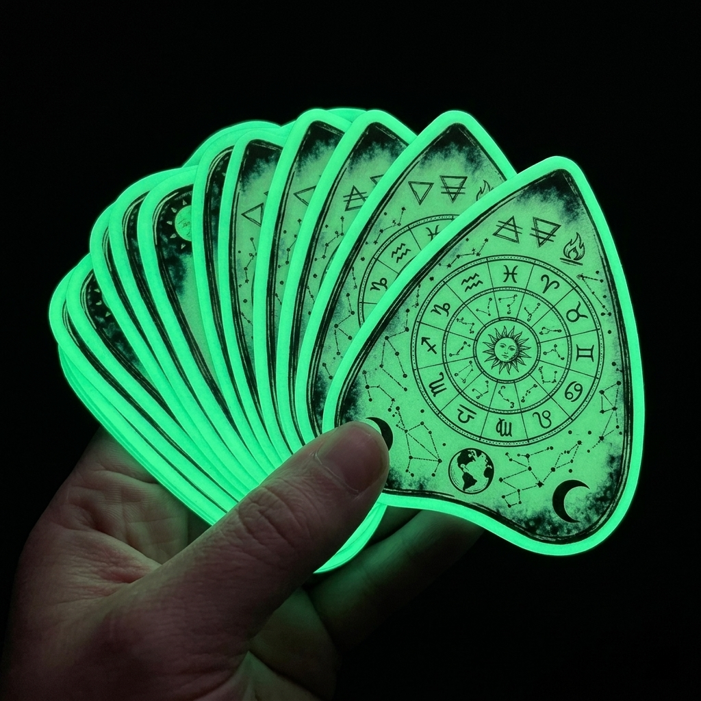 Glowing green tarot cards with astrological symbols held by a hand against a black background