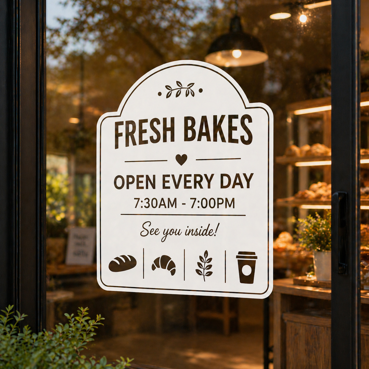 Custom window decals for business storefront – vinyl window decal with bakery hours sign and branding design