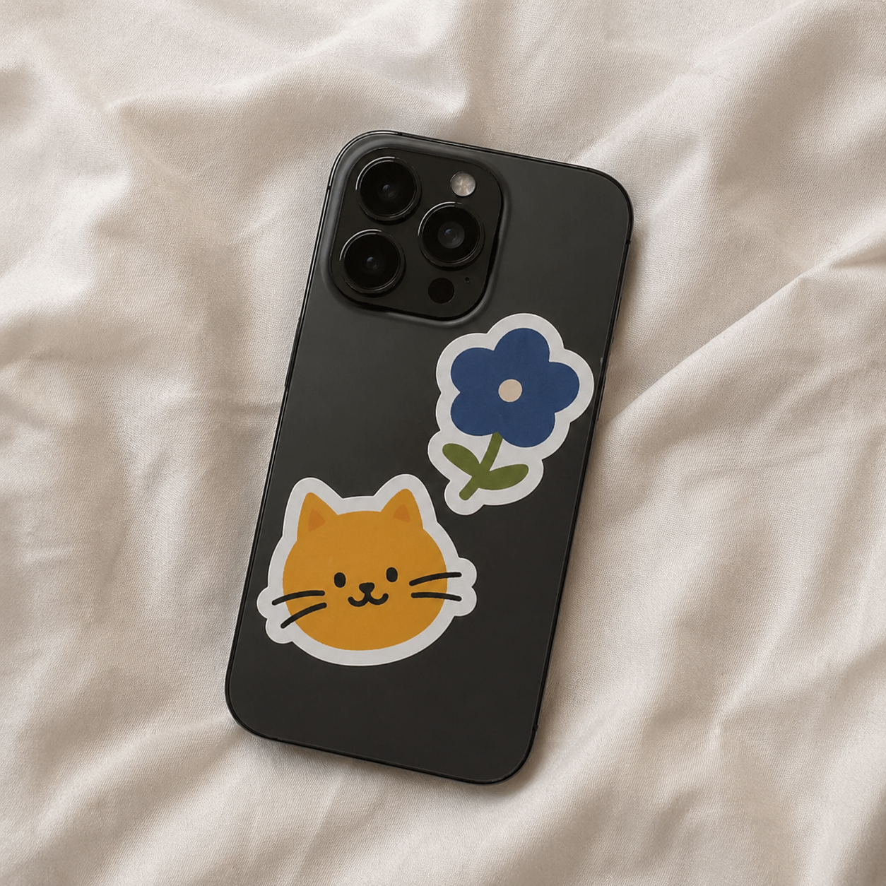 Custom phone stickers on black phone case – cute stickers for phone covers with cat and flower design