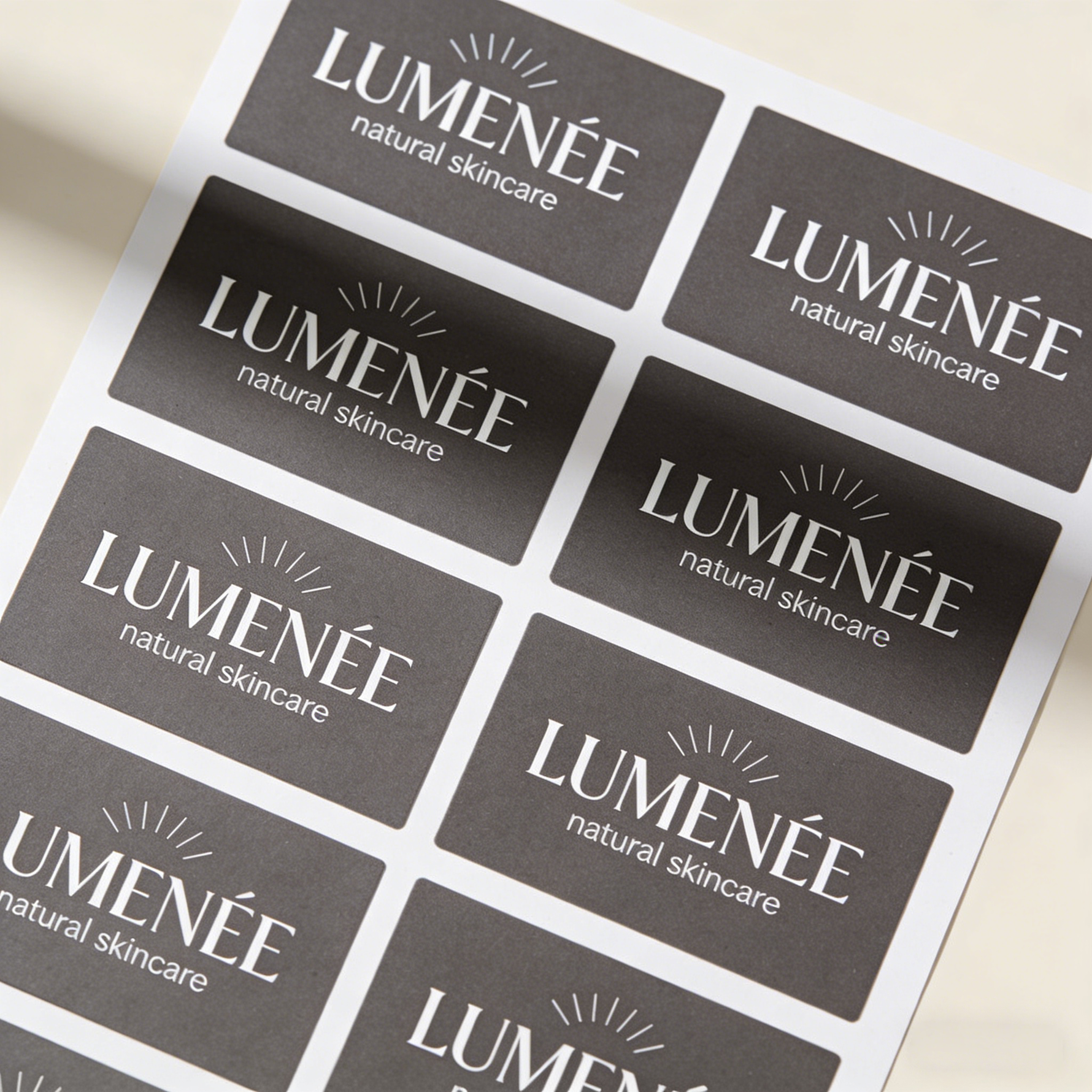 Black rectangular sheet labels with “LUMENEE” branding in a grid layout, highlighting a bold, minimalist style.