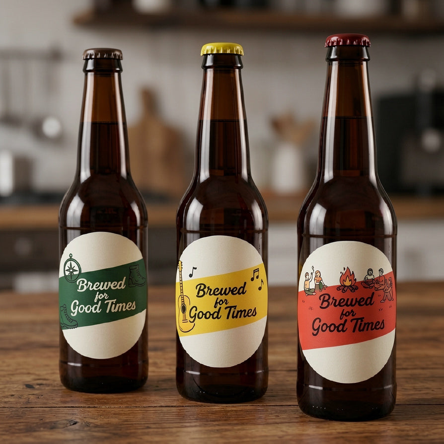 Three beer bottles with branded 'Brewed for Good Times' labels on a wooden surface.