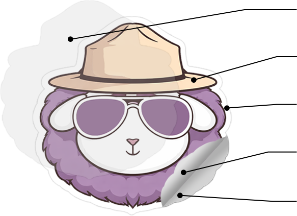 Colorful illustration of a cute sheep wearing a hat and sunglasses on a die-cut sticker with transparent background. UV protective laminate prevents fading. Vibrant colors printed with EVO-UV inks, GREENGUARD certified. Durable waterproof sticker with long-lasting outdoor use. Easy to remove when ready to replace. Weatherproof adhesive sticks to laptops, water bottles, snowboards, and more, even after dishwashing. Recycled backing paper with easy-peel finish.