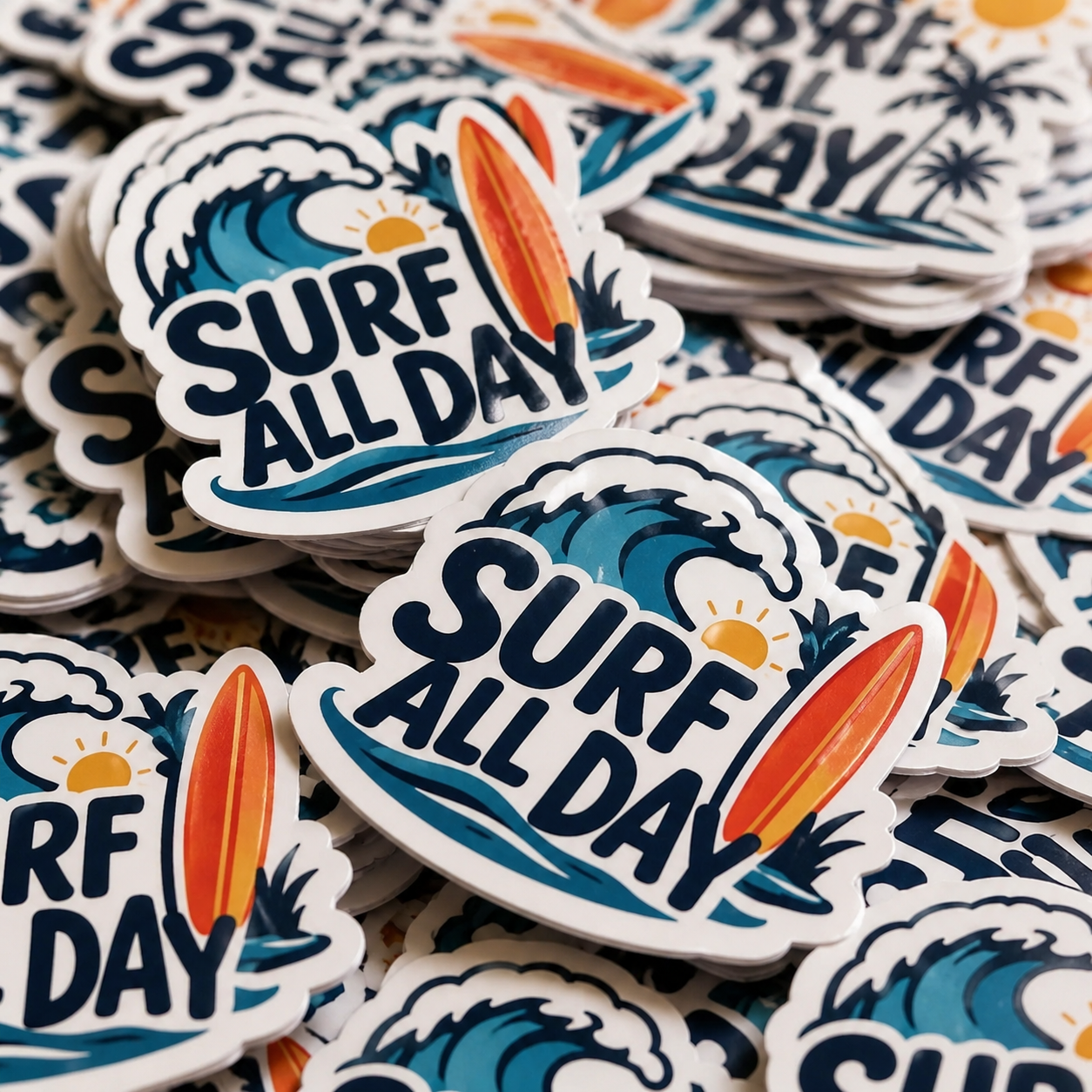 Bulk custom vinyl stickers for surfing brands, waterproof die-cut decal stack with "Surf All Day" ocean wave design, high-quality laptop and water bottle stickers.