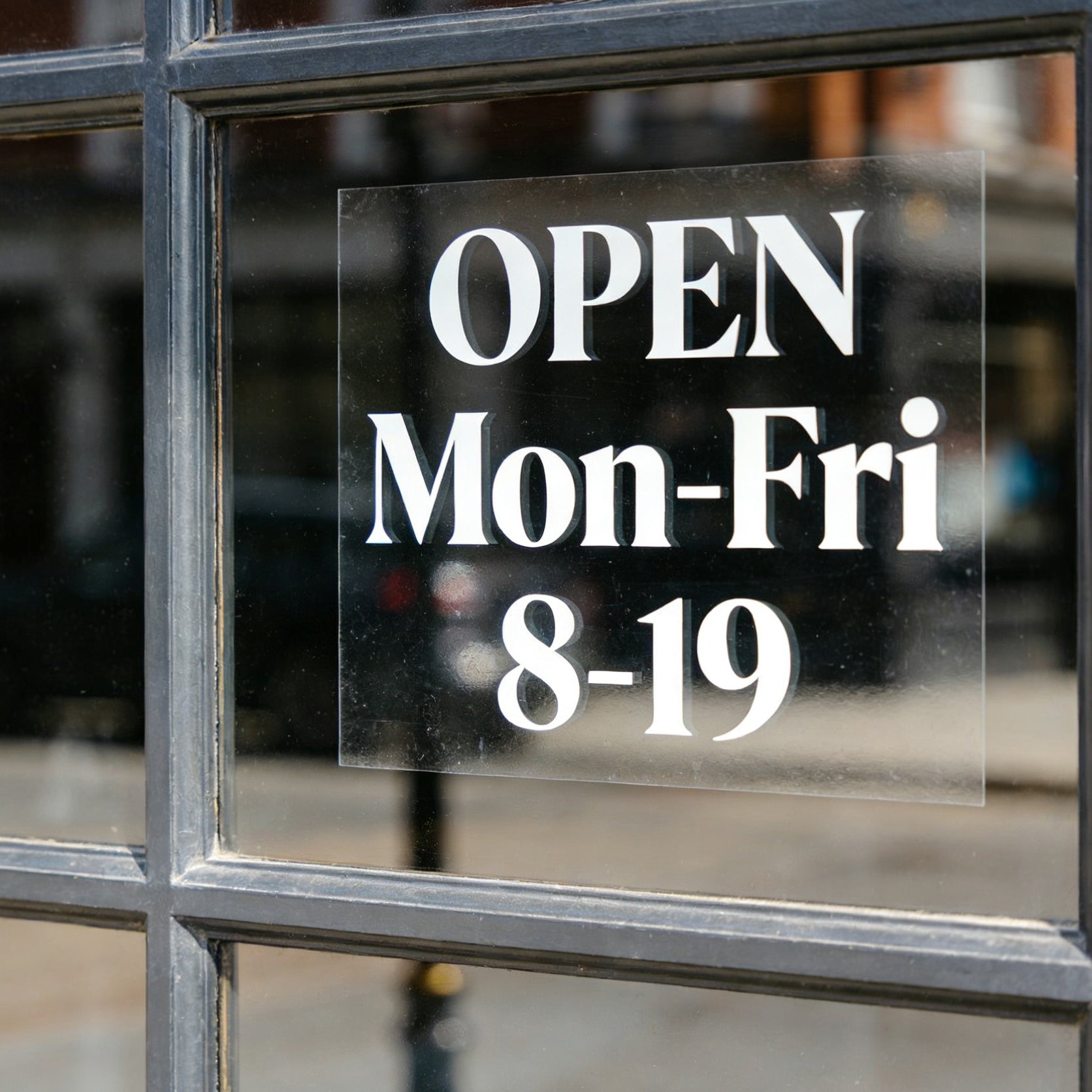 Business hours window cling with open schedule text 'OPEN Mon-Fri 8-19' applied on glass door removable decal for storefront
