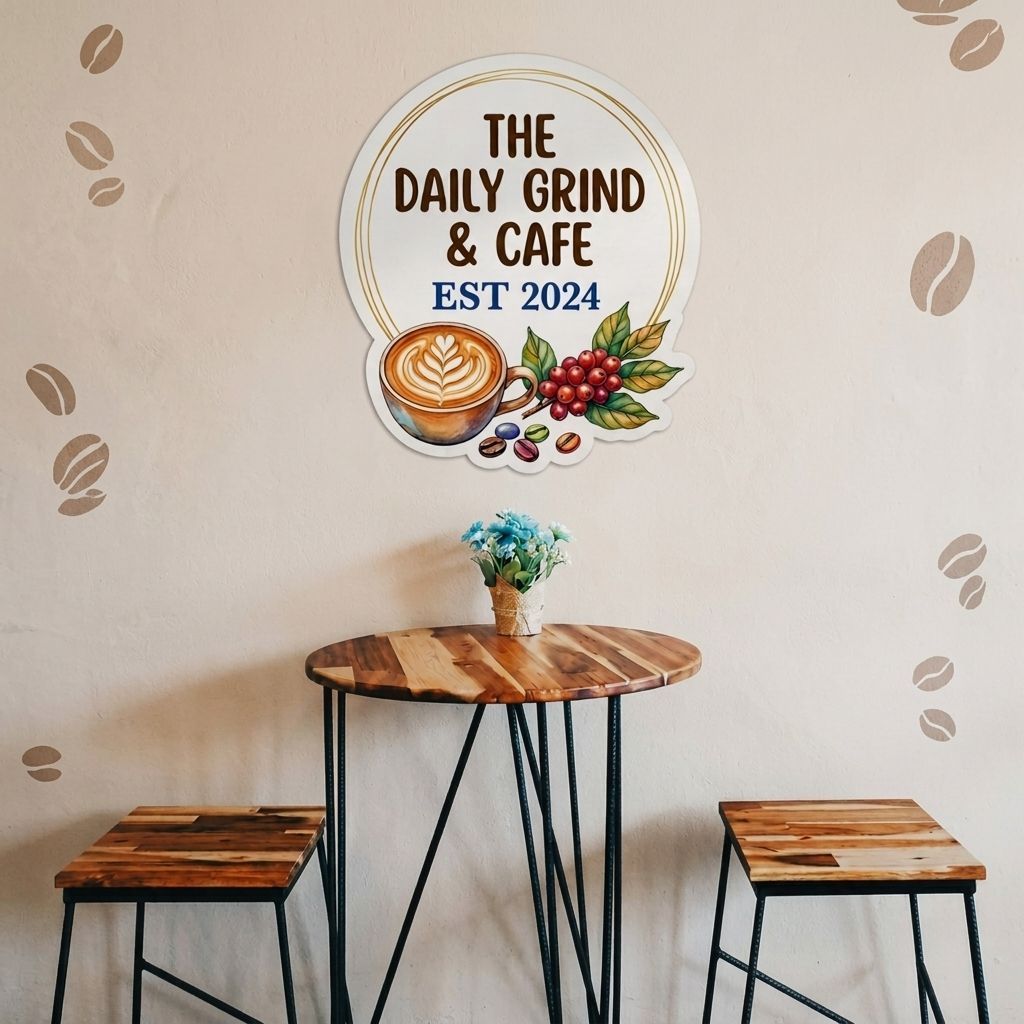 Business wall decals showing a coffee shop logo on a white brick wall above a dining table set.