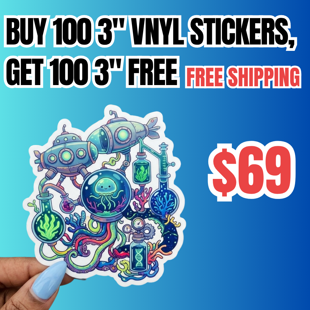 Promotional deal for a 'Buy 100 get 100 free' custom vinyl stickers (3") deal for $69 with free shipping. A hand with light blue nails holds a premium die cut vinyl sticker featuring an intricate underwater laboratory with jellyfish and submarines. bulk sticker printing for artists and small businesses. 
