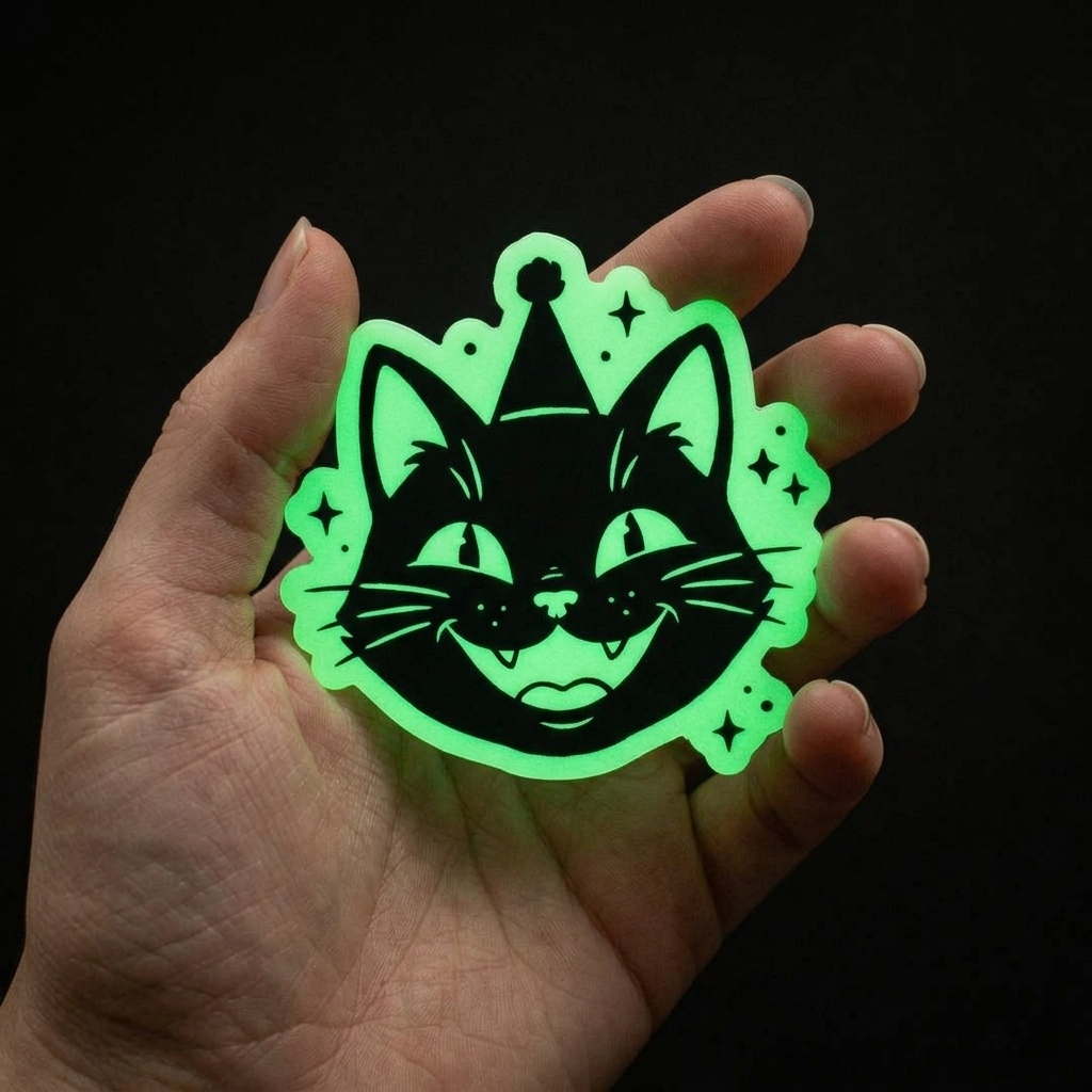 A glowing green cat-shaped sticker held in a hand against a black background, custom-cut to match the exact shape of the design