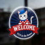 Static cling welcome window decal with cat illustration applied on storefront glass removable and reusable