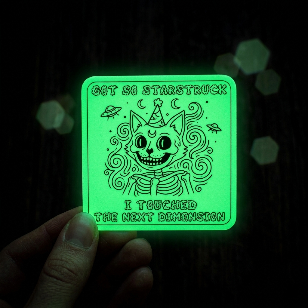 Glowing green sticker with cat illustration held in hand against dark background, great for creative design.