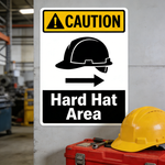 “Caution Hard Hat Area” heavy-duty sticker with a yellow hard hat graphic applied to a toolbox in a workshop, designed for tough environments.