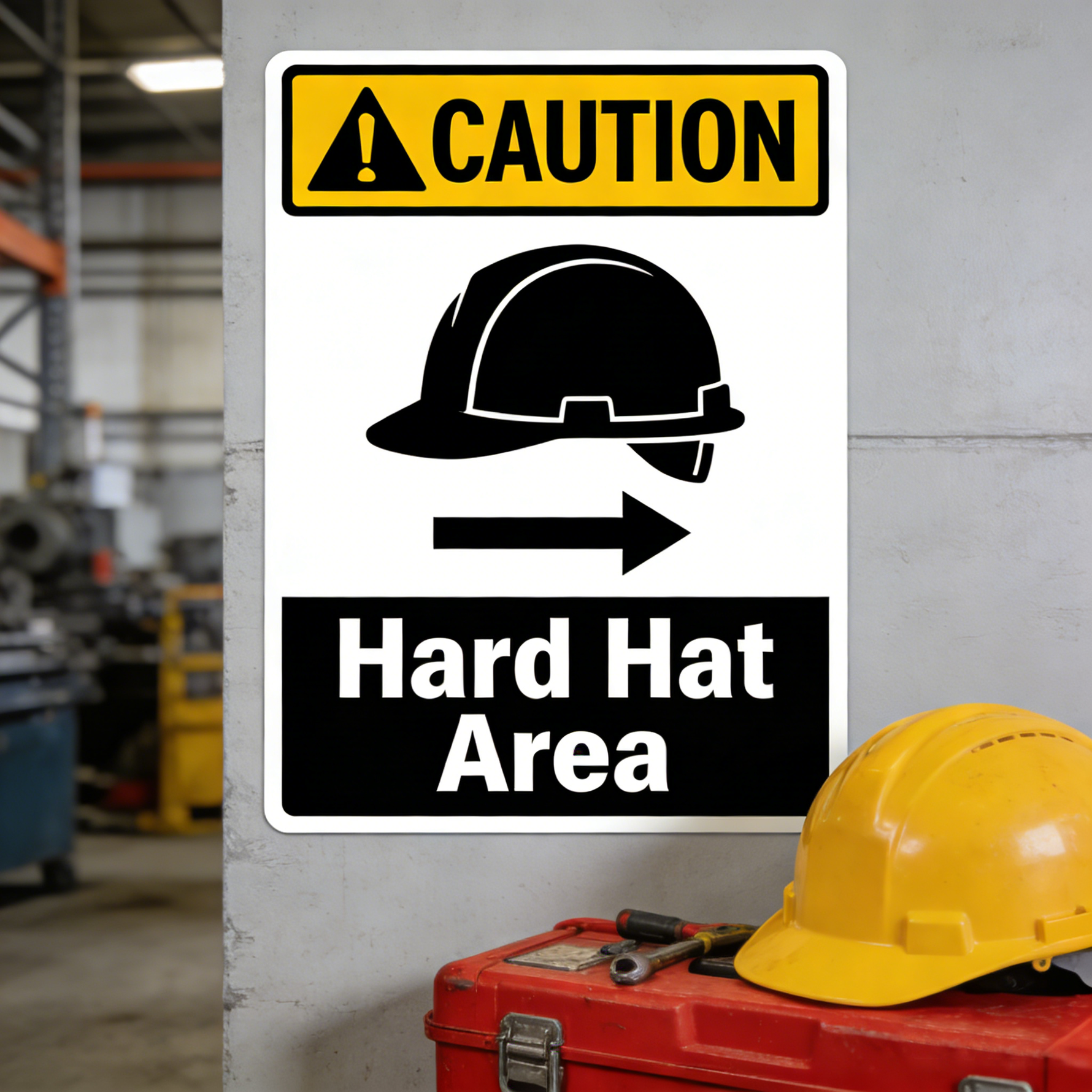“Caution Hard Hat Area” heavy-duty sticker with a yellow hard hat graphic applied to a toolbox in a workshop, designed for tough environments.