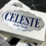 Celeste metallic packaging stickers on a white box