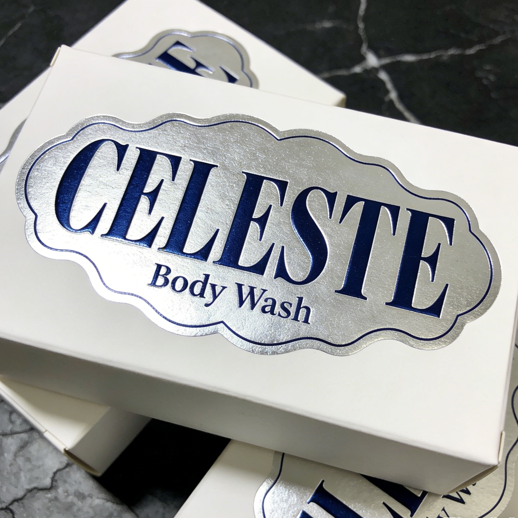 Celeste metallic packaging stickers on a white box