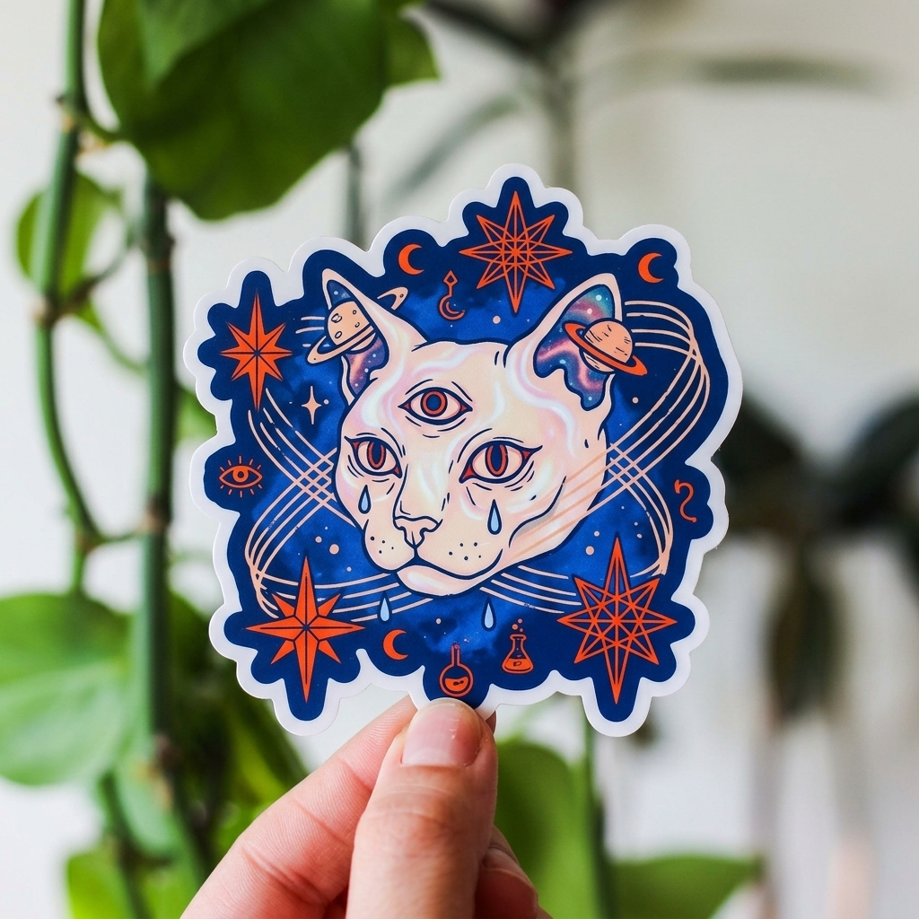 Sticker of a cat with celestial designs held by a hand against a natural background