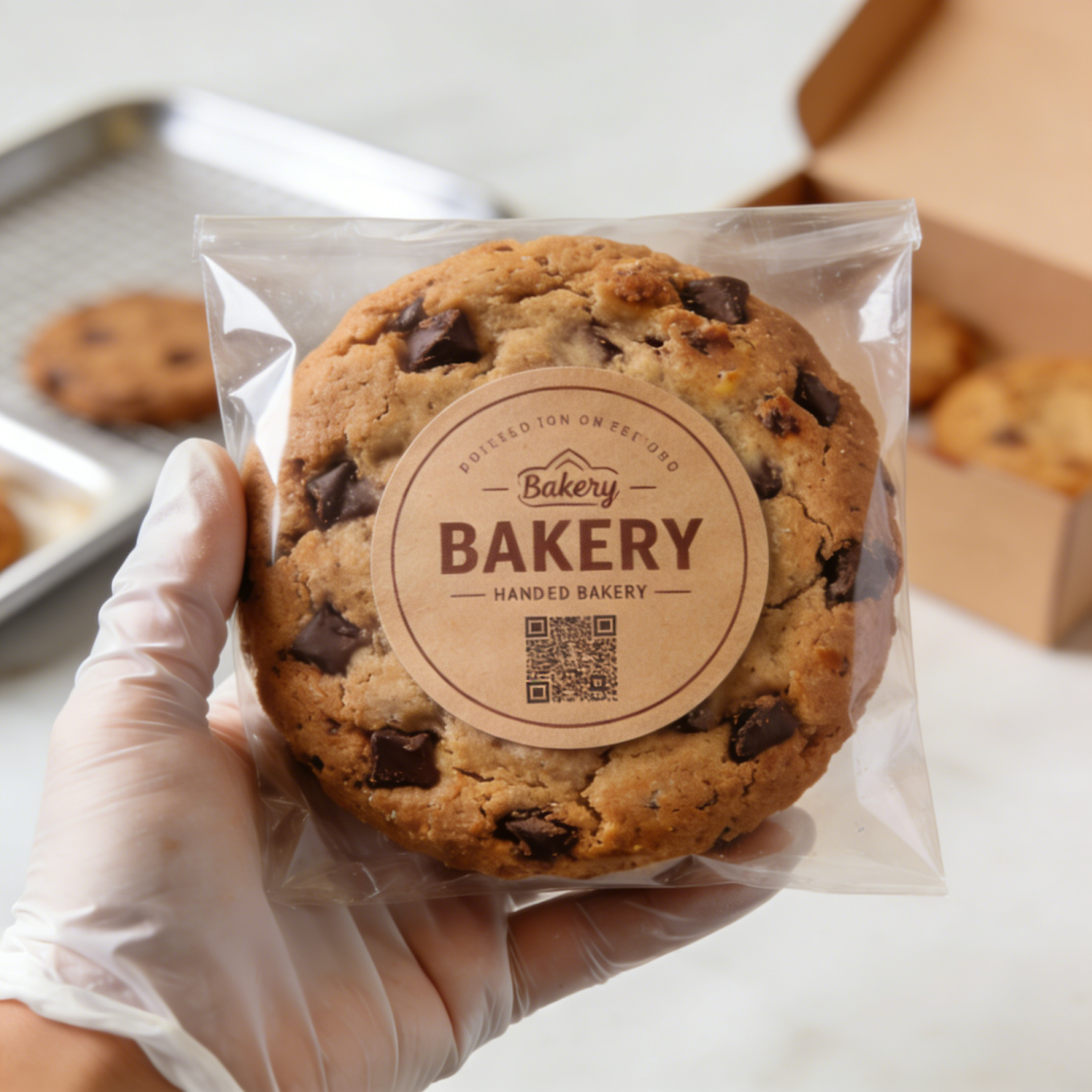 Chocolate chip cookie with a 'Bakery' label held by a gloved hand, with more cookies in the background.