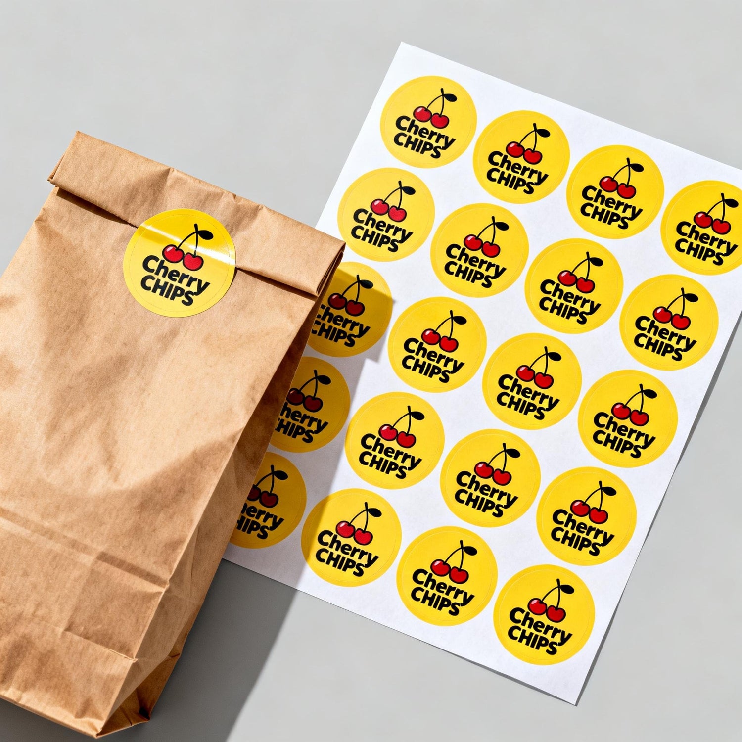 Circle sheet labels yellow round stickers with cherry logo for packaging and paper bags