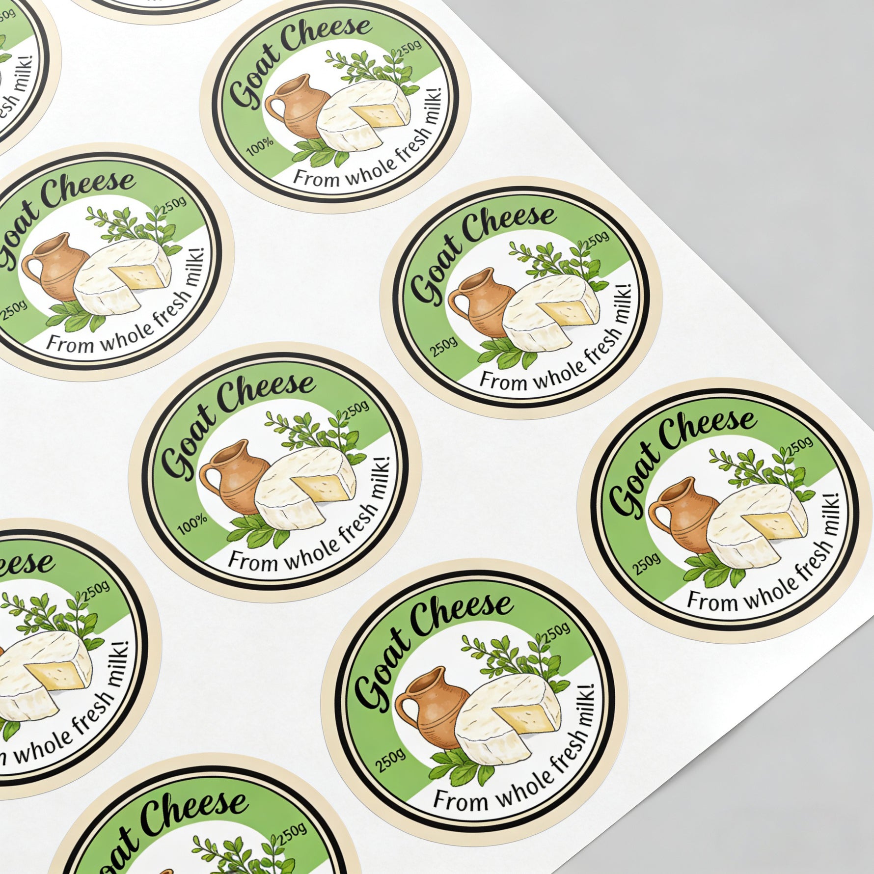 Circle sheet labels green round stickers with food logo design for packaging and jars