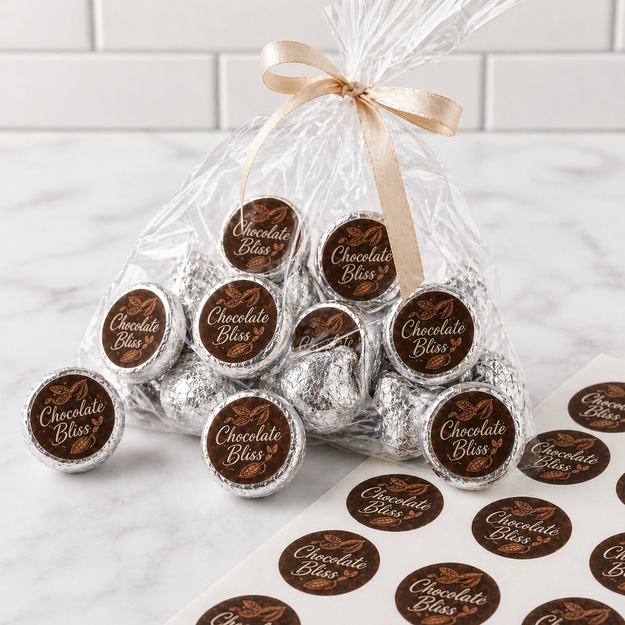Circle sheet labels for chocolate candy packaging, custom round stickers on foil-wrapped treats and label sheets for small business branding