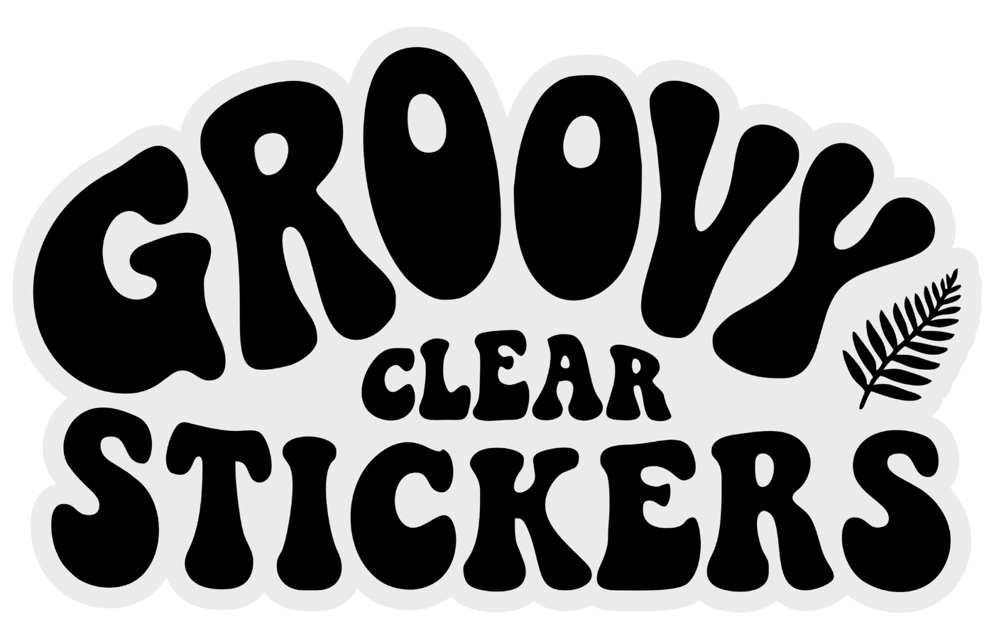 Sticker with 'Groovy Clear Stickers' text and a leaf design on a white background