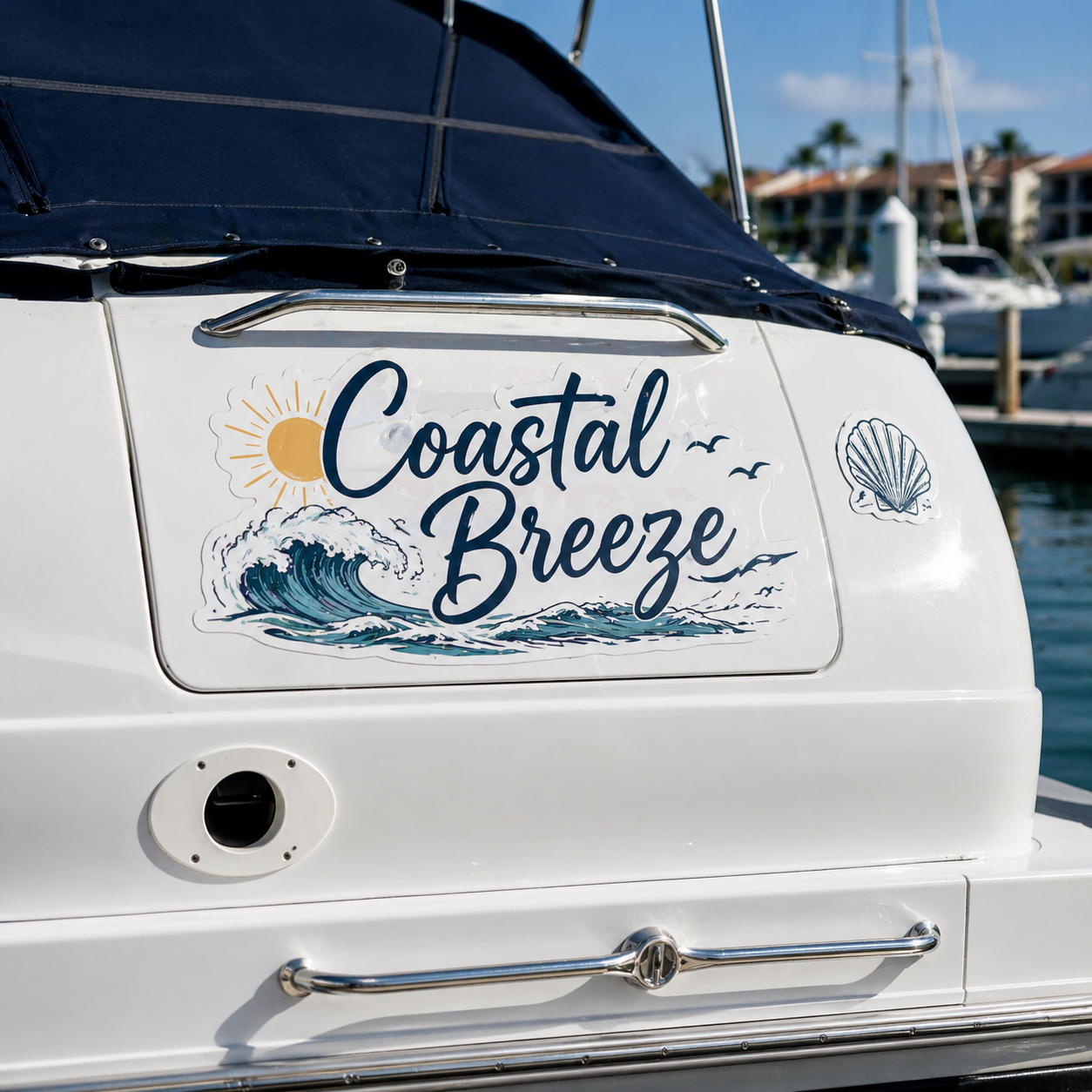 Custom boat decals for boats – vinyl boat name decals with coastal design, personalized boat graphics decals for yachts and boats