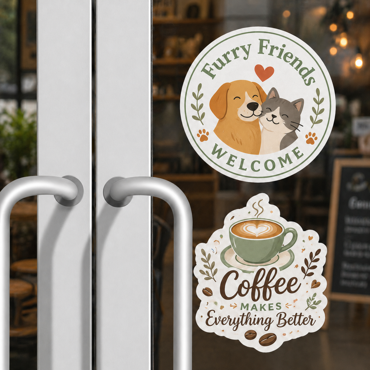 Custom window vinyl decals on glass door – business window decals with logo and coffee shop branding