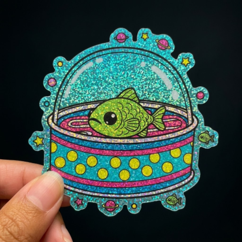 Colorful glitter sticker of a fish in a bowl held by a hand against a black background
